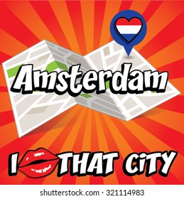 Amsterdam. I Love That City. Vector Illustration with country flag.