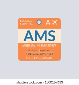 Amsterdam Luggage tag. Airport baggage ticket. Travel label. Vector illustration.  
