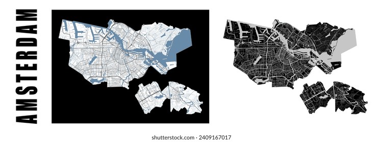 Amsterdam map. Netherlands city within administrative municipal borders. Set of black and white vector maps. Streets and Amstel river, channel, high resolution.