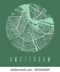 Amsterdam map poster. Decorative design street map of Amsterdam city. Cityscape aria panorama silhouette aerial view, typography style. Land, river, highways. Round circular vector illustration