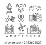 Amsterdam minimal style City Outline Skyline with Typographic. Vector cityscape with famous landmarks. Illustration for prints on bags, posters, cards.