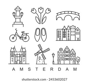 Amsterdam minimalistischer Stil City Outline Skyline mit Typografie. Vektorgrafik Stadtbild mit bekannten Wahrzeichen. Illustration für Drucke auf Taschen, Poster, Karten.