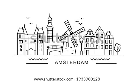 Amsterdam minimal style City Outline Skyline with Typographic. Vector cityscape with famous landmarks. Illustration for prints on bags, posters, cards. 