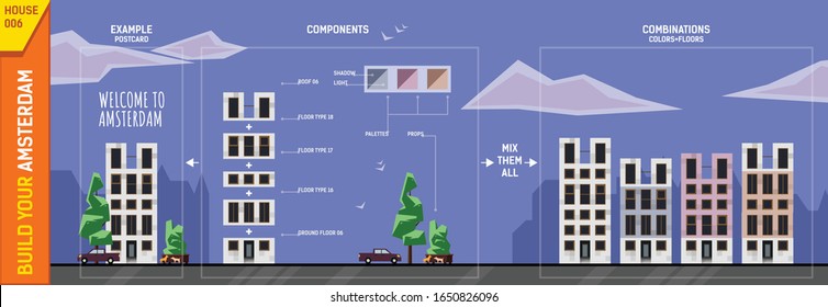 Amsterdam modern house constructor. Front view. Contains tree, bushes, car, bike rider and color palettes. Use module elements to build your own design of poster, banner, postcard, etc.