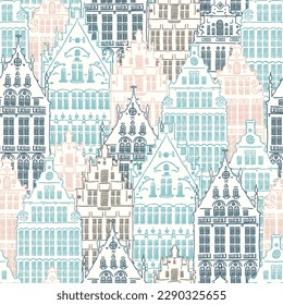 Amsterdam morning. Seamless vector pattern with facades of buildings. Hand drawn architecture