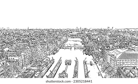 Amsterdam, Netherlands. Aerial panoramic view over the historic city center rendered in black and white doodle sketch style. The Amstel River flows through the center of the composition, crossed by bridges connecting dense historic districts on both banks. The illustration captures the characteristic Dutch urban fabric with tightly packed gabled rooftops, waterfront quays, and architectural landmarks visible in schematic line art. Boats and cranes line the river edges, suggesting active waterway commerce. The elevated perspective emphasizes the geometric patterns of the canal-side cityscape, with the horizon stretching across the distant urban expanse. The high-contrast ink drawing technique creates a bold, graphic travel poster aesthetic suitable for editorial and decorative applications. The historic canal ring area of Amsterdam inside the Singelgracht was designated a UNESCO World Heritage Site in 2010.