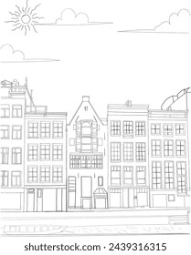 Amsterdam, Netherlands - Anne Frank House line art drawing for kids and adults coloring book
