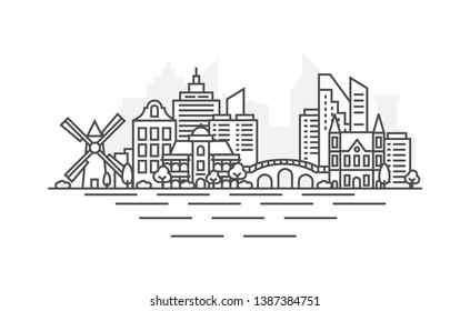 Amsterdam, Netherlands Architecture Line Skyline Illustration. Linear Vector Cityscape With Famous Landmarks, City Sights, Design Icons. Landscape With Editable Strokes.