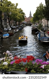Amsterdam, Netherlands, August 23.2023. Amsterdam famous canal boat low fidelity vector illustration