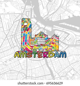 Amsterdam, Netherlands, Colorful Map Sign, print design icon for Wall Art, Gift and Greeting Card