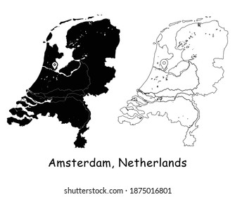 Amsterdam, Netherlands. Detailed Country Map with Location Pin on Capital City. Black silhouette and outline maps isolated on white background. EPS Vector