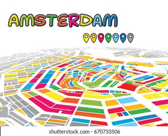 Amsterdam, Netherlands, Downtown 3D Vector Map of Famous Streets. Bright foreground full of colors. White Streets, Waterways and grey background areal. White Horizon.