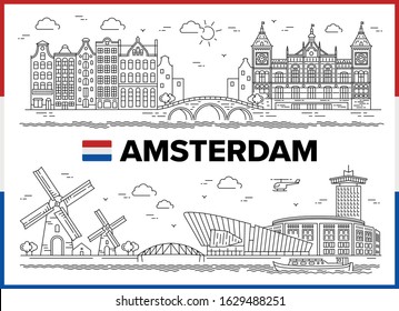 Amsterdam, Netherlands. Dutch houses, attractions and city sights. Vector illustration