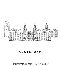 Amsterdam Netherlands famous architecture. Outlined vector sketch separated on white background. Architecture drawings of all European capitals.