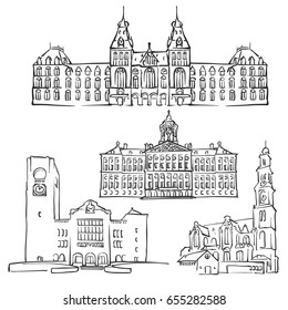 Amsterdam, Netherlands, Famous Buildings, Monochrome Outlined Travel Landmarks, Scalable Vector Illustration