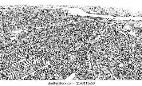Amsterdam, Netherlands. Flying over the city rooftops. The historical part of the city with urban shipping channels. Doodle sketch style. Aerial view