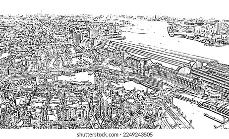 Amsterdam, Netherlands. Flying over the city rooftops. Amsterdam Central Station. Doodle sketch style. Aerial view