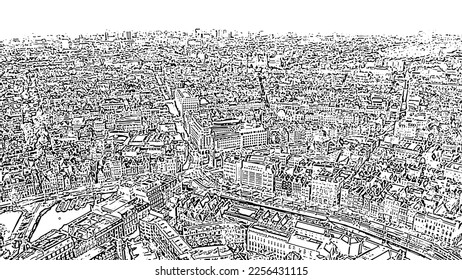 Amsterdam, Netherlands. Flying over the city rooftops. The historical part of the city with urban shipping channels. Doodle sketch style. Aerial view