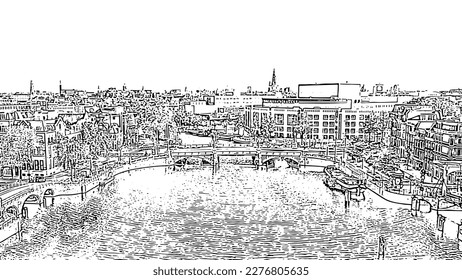 Amsterdam, Netherlands. Flying over the city rooftops. Amstel River. Doodle sketch style. Aerial view