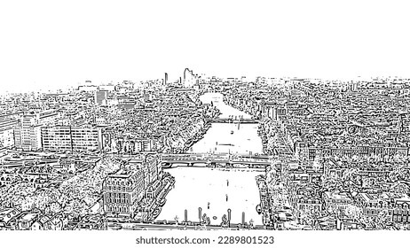 Amsterdam, Netherlands. Flying over the city rooftops. Amstel River. Doodle sketch style. Aerial view