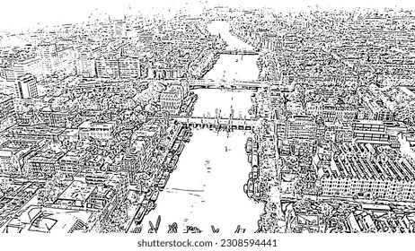Amsterdam, Netherlands. Flying over the city rooftops. Amstel River, Amstel Gateways. Doodle sketch style. Aerial view