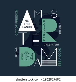 amsterdam, netherlands graphic design t shirt  typography vector with map background