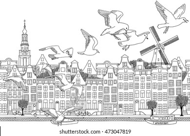 Amsterdam, Netherlands - hand drawn black and white cityscape with birds