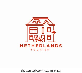 Amsterdam Netherlands house logo design. Amsterdam building with bicycle vector design. City tourism logotype