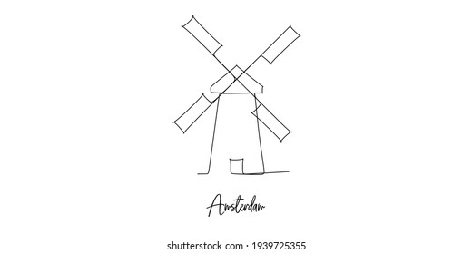 Amsterdam of Netherlands landmarks skyline - Continuous one line drawing