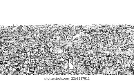 Amsterdam, Netherlands. Museum. The building of the XIX century. Flying over the rooftops of the city. Doodle sketch style. Aerial view