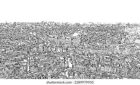 Amsterdam, Netherlands. Museum. The building of the XIX century. Flying over the rooftops of the city. Doodle sketch style. Aerial view