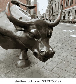 Amsterdam, Netherlands, October 06.2023. Bull head statue in downtown vector illustration
