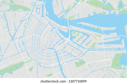 Amsterdam, Netherlands, printable map, classic colors, designed as a high quality background for high contrast icons and information in the foreground.