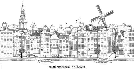 Amsterdam, Niederlande - nahtloses Banner der Skyline der Stadt, handgezeichnete schwarz-weiße Illustration