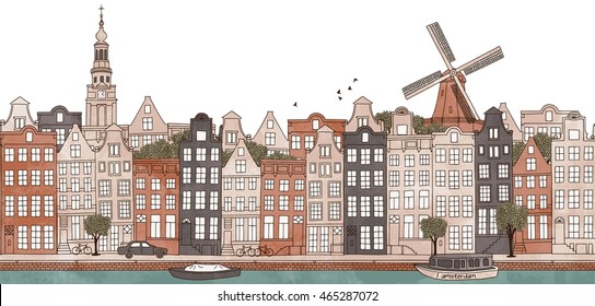 Amsterdam, Netherlands - seamless banner of the city's skyline, hand drawn and digitally colored ink illustration