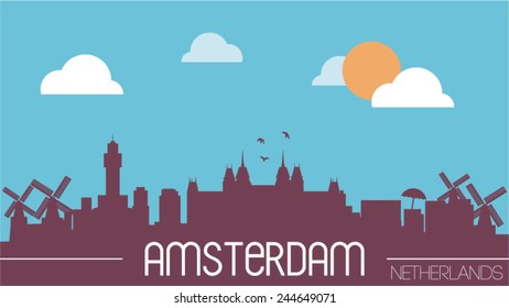 Amsterdam Netherlands skyline silhouette flat design vector illustration