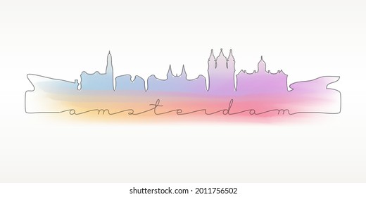Amsterdam, Netherlands Skyline Watercolor City Illustration. Famous Buildings Silhouette Hand Drawn Doodle Art. Vector Landmark Sketch Drawing.