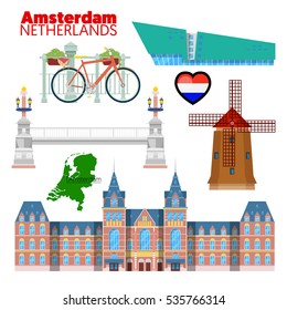 Amsterdam Netherlands Travel Doodle with Architecture, Bicycle and Flag. Vector illustration