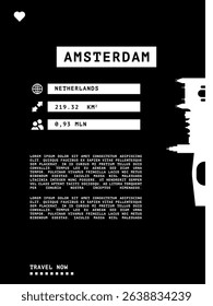 Amsterdam, Netherlands vector infographics, brochure black and white layout. Guide, leaflet, flyer, graphic template with text, information, skyline contour. Page, festival, cover mock up image