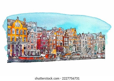 Ámsterdam acuarela ilustraciones hechas a mano aisladas en fondo blanco