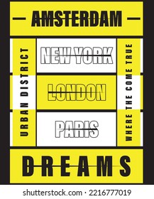 Amsterdam new york London Paris typography t-shirt design.