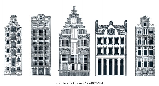 Amsterdam old city buildings isolated on white background. Vector doodle sketch illustration. Travel to Netherlands hand drawn design elements