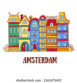 Amsterdam old city street houses buildings doodle cartoon vector illustration