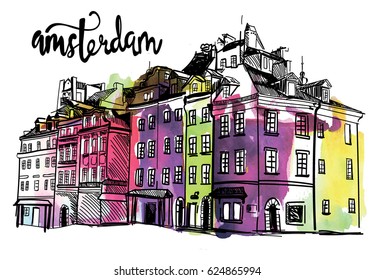 Amsterdam. Old European houses. Drawing by hand in vintage style. Houses on a white background.