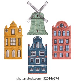 Amsterdam. Old Historic Buildings And Traditional Architecture Of Netherlands. Windmill And Houses. Isolated Elements. Vintage Hand Drawn Vector Illustration In Watercolor Style.