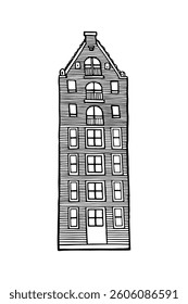Amsterdam old house. Landmark of the Netherlands. Hand-drawn facades of old buildings collection. Black and white vector illustration.