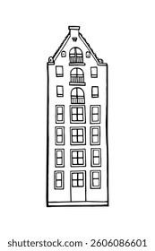 Amsterdam old house. Landmark of the Netherlands. Hand-drawn facades of old buildings collection. Black and white vector illustration.