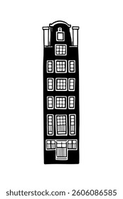 Amsterdam old houses. Landmark of the Netherlands. Hand-drawn facades of old buildings collection. Black and white vector illustration.