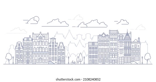 Amsterdam old style houses. Dutch canal houses lined up near a canal in the Netherlands. Building and facades for Banner or poster. Vector outline illustration.