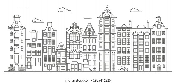 Alte Häuser in Amsterdam. Typische Grabhäuser in der Nähe eines Kanals in den Niederlanden. Gebäude und Fassaden für Banner oder Poster. Vektorgrafik-Illustration.